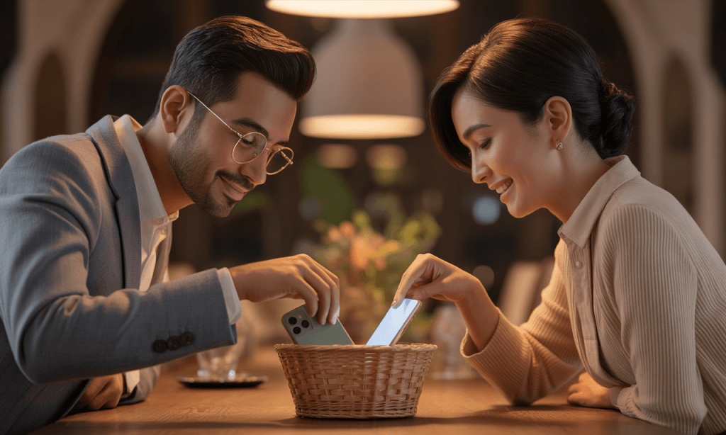 Couple practicing digital boundaries defined in their marriage style guide to protect peace and presence.