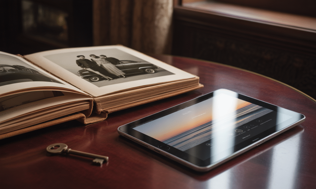 open family photo album beside tablet showing generational continuity in parenting