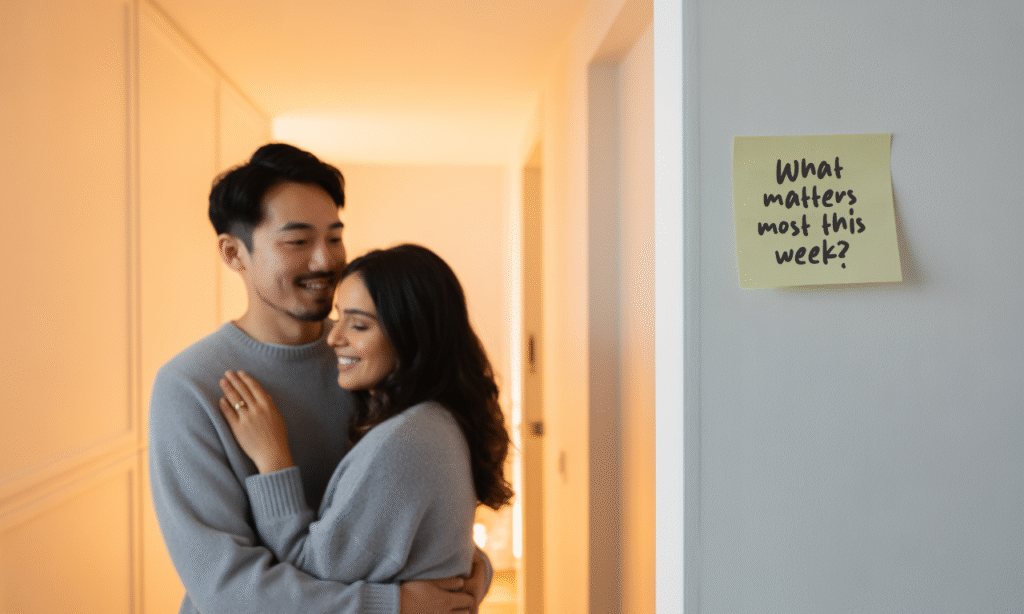 couple doing a 10-minute pre-visit boundary check-in with a sticky note