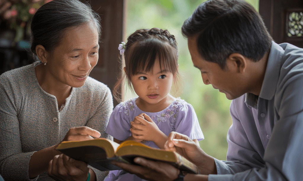 child listening to grandparent and parent sharing faith stories peacefully