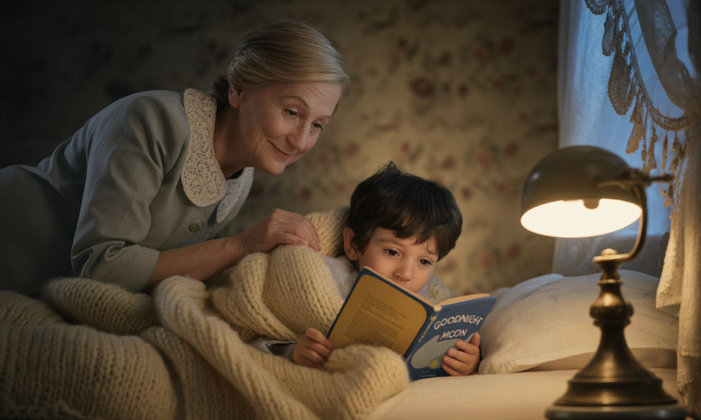 grandparent reading a bedtime story to grandchild during a peaceful sleepover