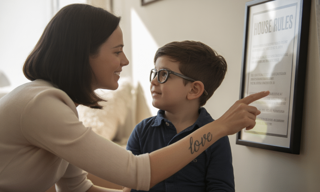 parent explaining simple house rules to child promoting healthy respect for authority