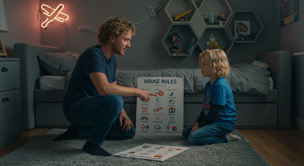 parent explaining simple house rules chart to a child in age-appropriate language