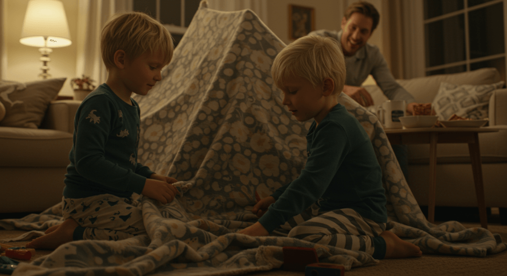 children in pajamas building a blanket fort in the living room as a sleepover alternative