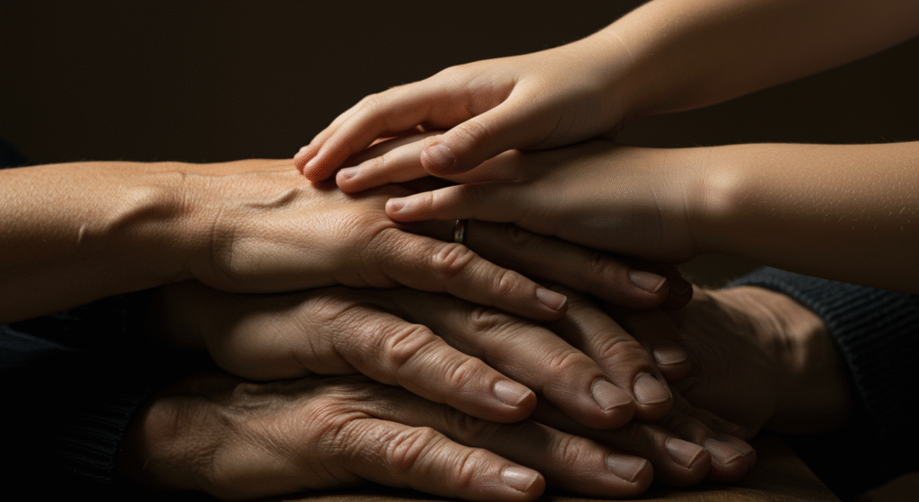 multigenerational hands stacked together symbolizing unity and boundaries