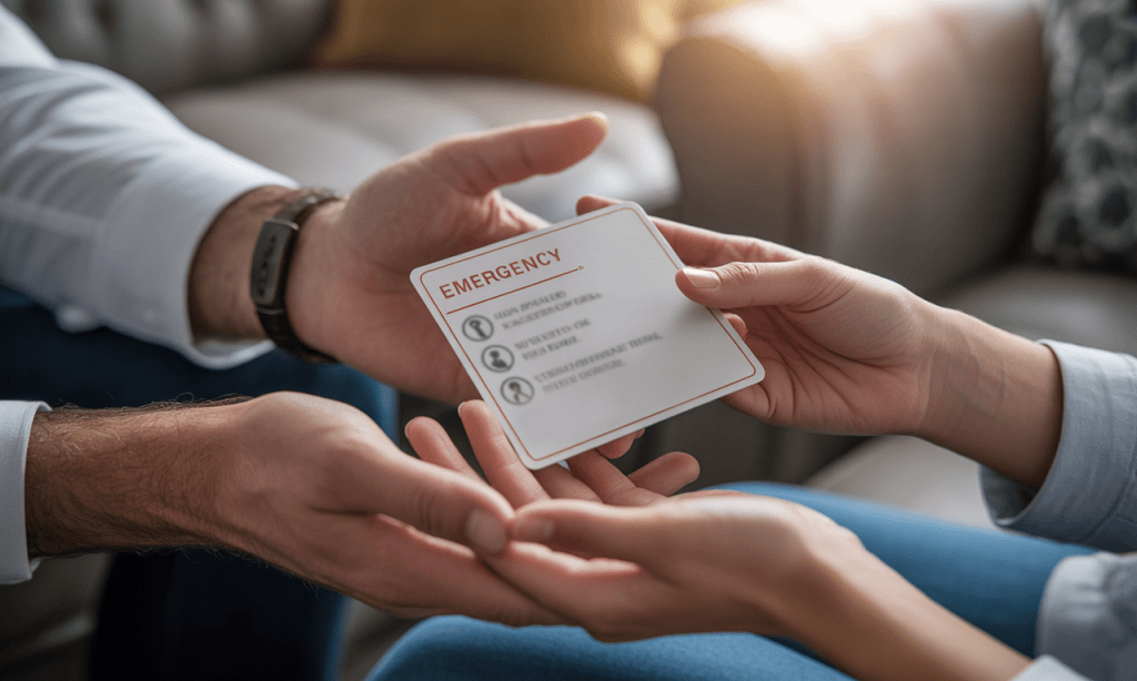 Couple holding a printed emergency protocol card with three minimalist rules.