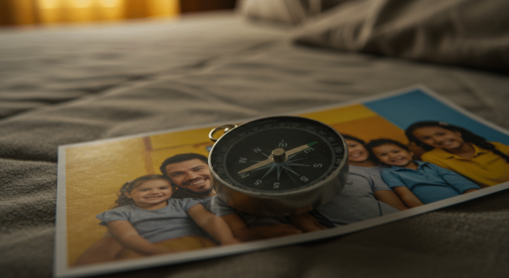 compass placed on family photo representing parental guidance and direction