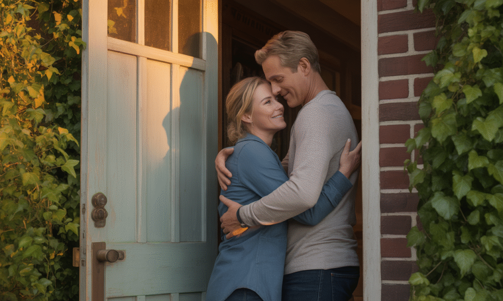Husband and wife hugging at the door, showing digital-free reconnection time that restores presence.