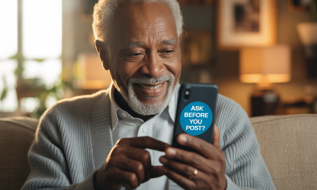 grandparent with a phone showing an ask-before-posting reminder for family privacy