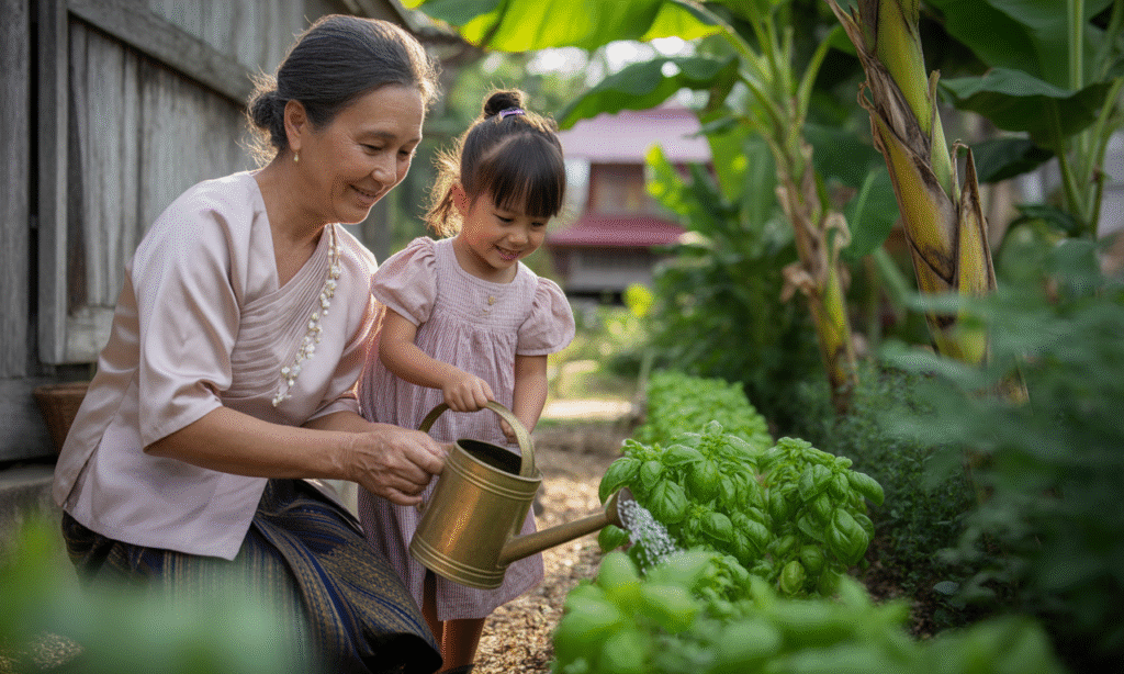 grandparent teaching a child to garden as a meaningful boundary-safe role