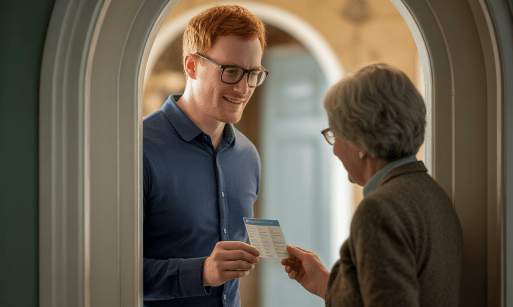 parent giving grandparent a brief hand-off card listing energy level and last meal