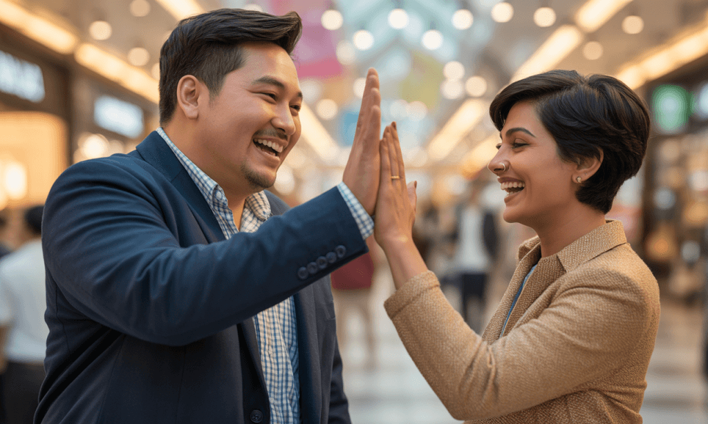 Couple celebrating progress in their gentle marriage agreements with joy and gratitude.