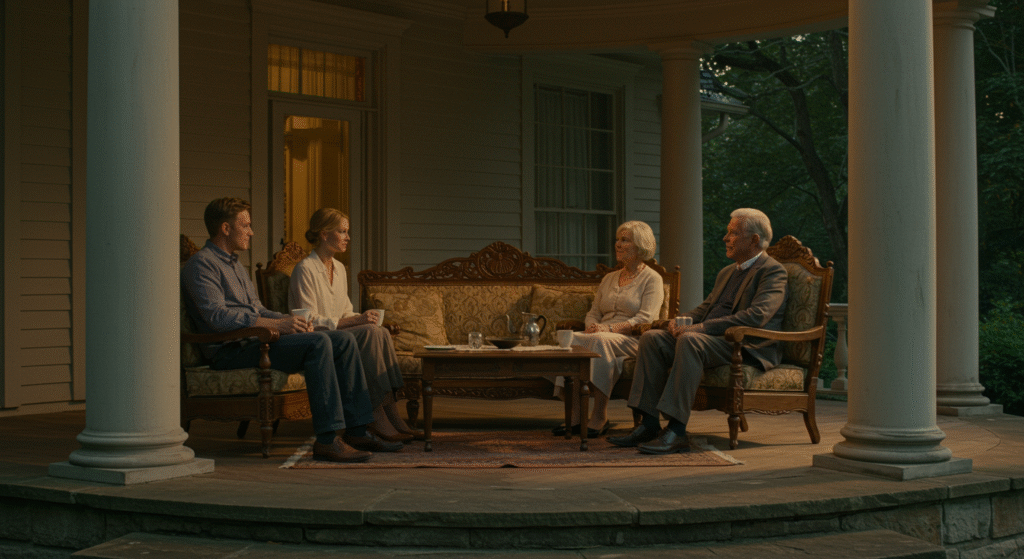 parents and grandparents having a respectful boundary conversation on a porch with coffee mugs between them