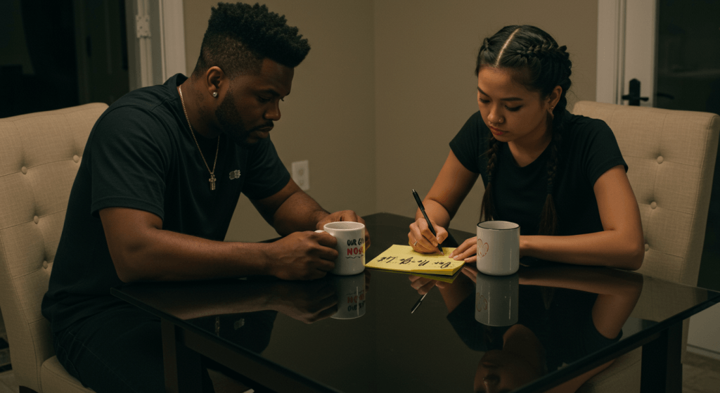 Couple creating their No-Go list of marriage boundaries and replacement behaviors for healthier connection.