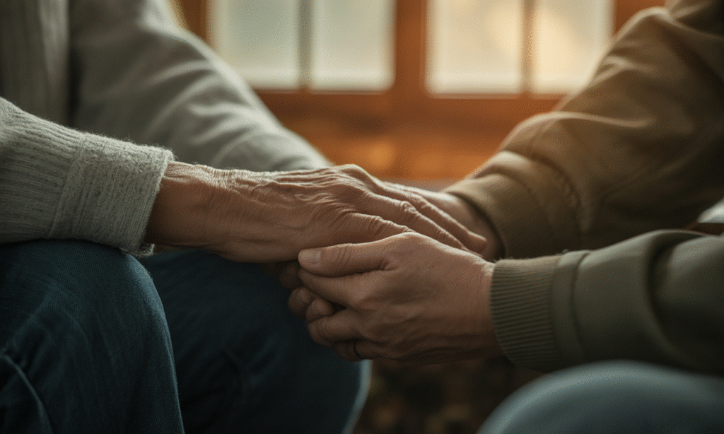 close-up of parent’s hands folded during a calm conversation with a grandparent