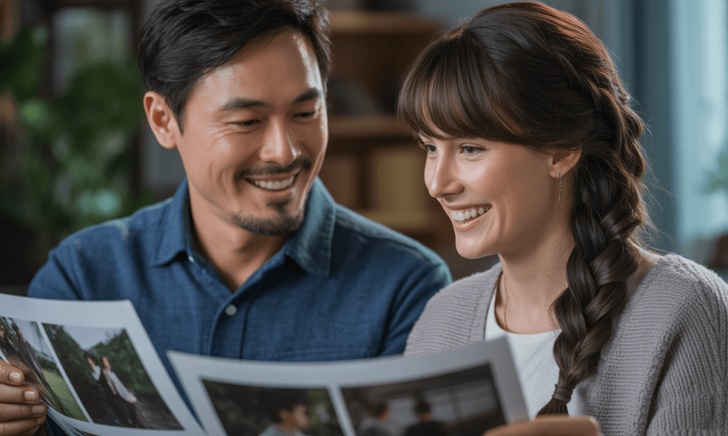 Married couple reviewing photos and progress during a monthly reflection habit.