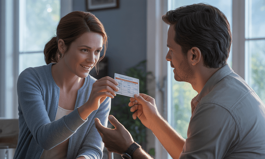 parents exchanging a printed emergency info card at sleepover drop-off