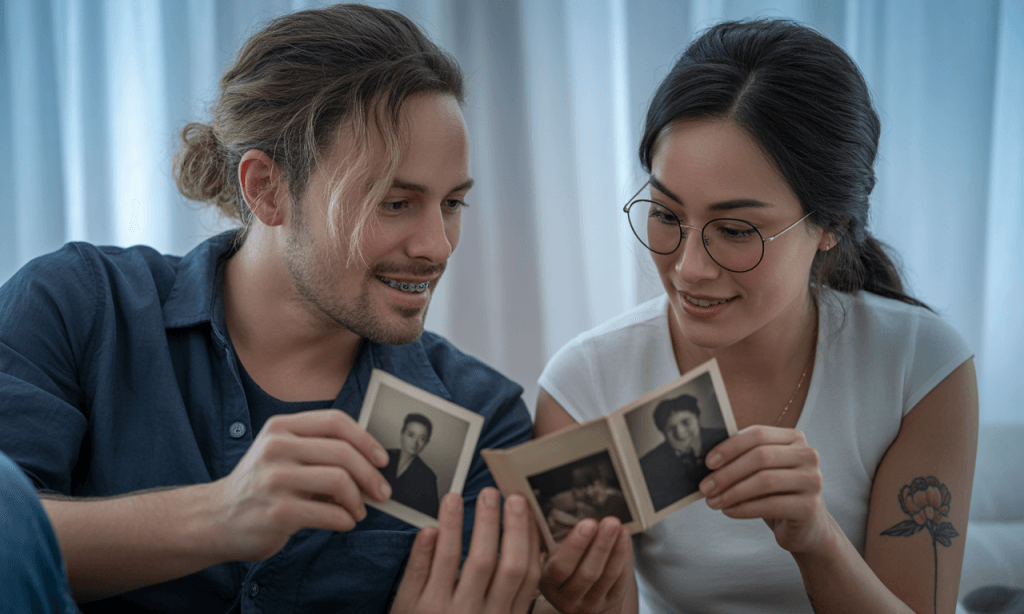 Couple reviewing photos before discussing conflict to restore empathy.