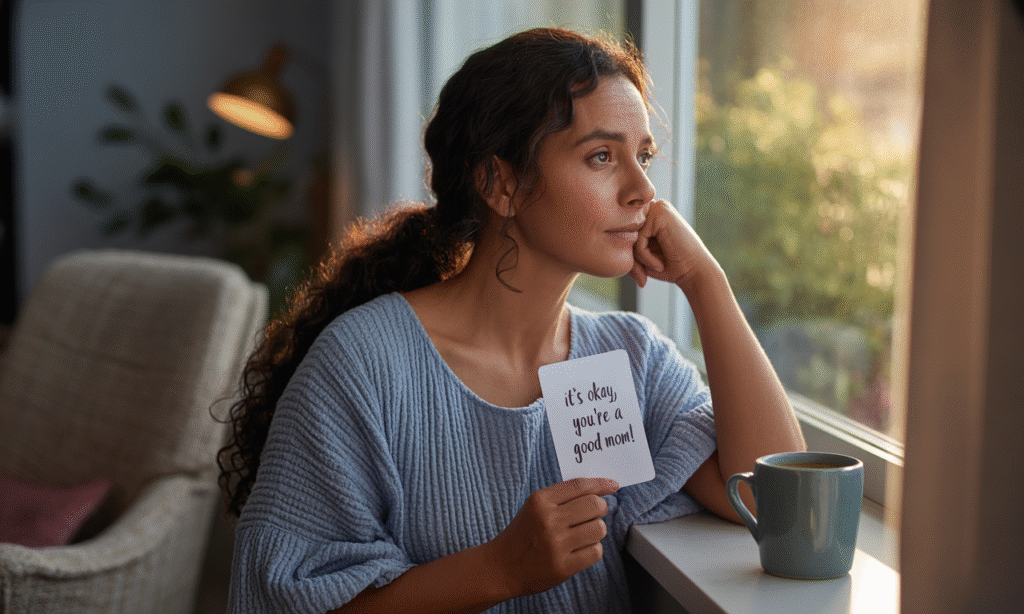 parent taking a deep breath by a window practicing a truth script to replace guilt