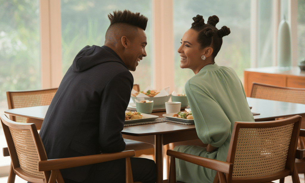 Married couple enjoying dinner together with phones out of reach, showing gentle digital boundaries in action.