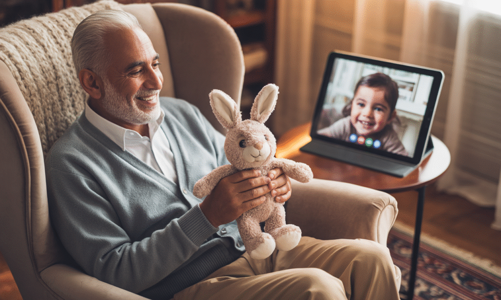 grandparent sharing a meaningful object over a video call as a screen-light alternative