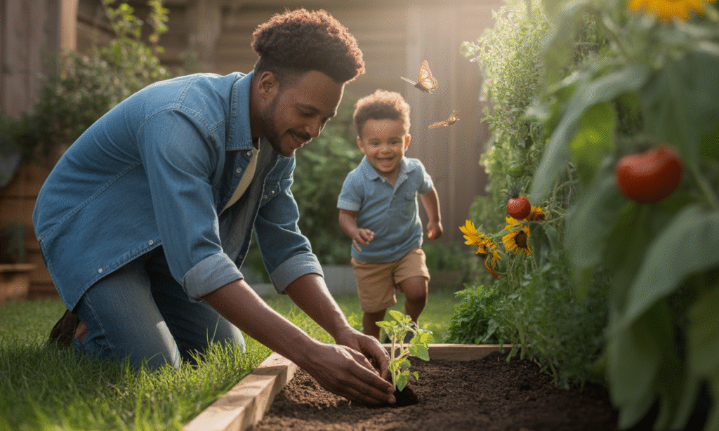 parent tending a garden while child plays symbolizing cultivating healthy family environment