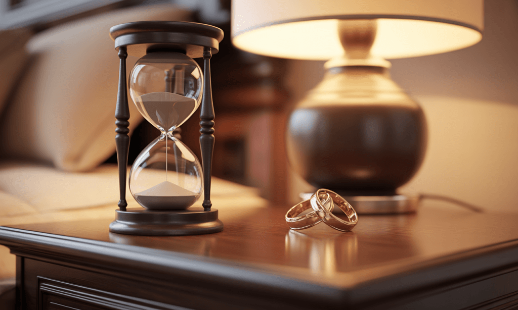 hourglass beside rings symbolizing time-sensitive repair in marriage