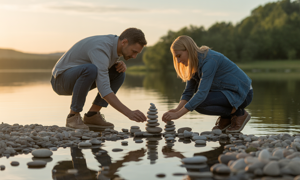 Married couple creating a visual reminder of God’s goodness through symbolic stones of remembrance.