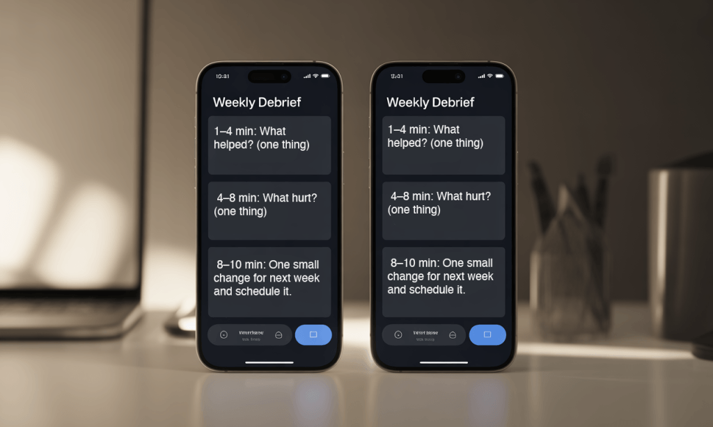 phones showing a short weekly check-in template for couples