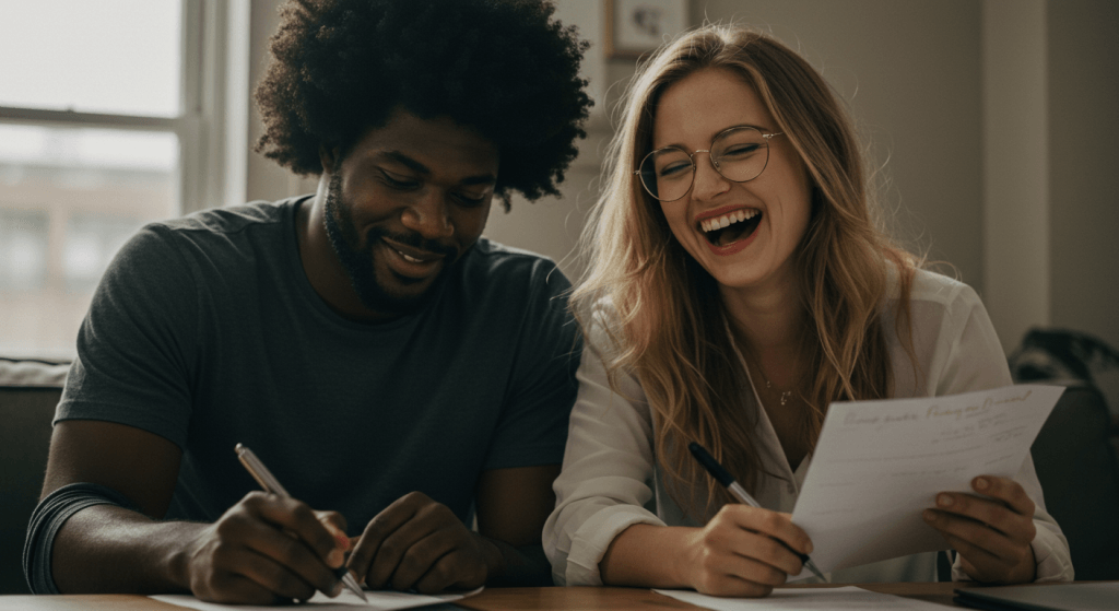 couple sharing lighthearted feedback during marriage audit