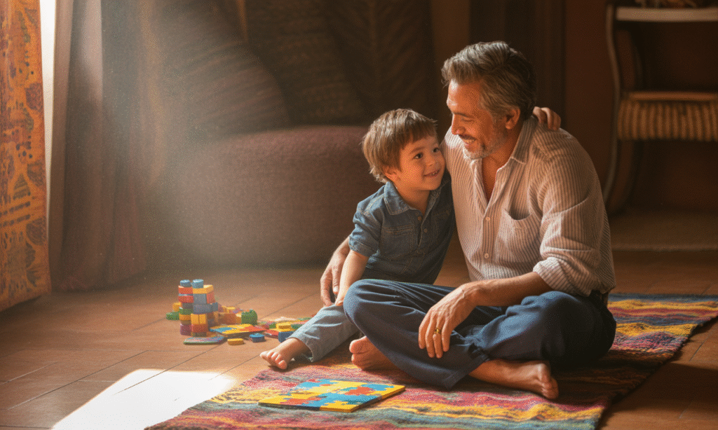 parent explaining boundaries gently to a young child surrounded by toys