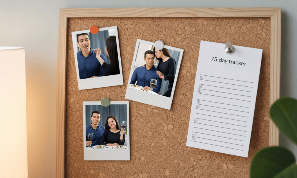 Photos and a completed 75-day tracker illustrate how momentum over motivation becomes part of a couple’s story