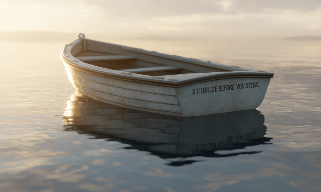 Lifeboat on calm water representing stabilization during marriage stress.