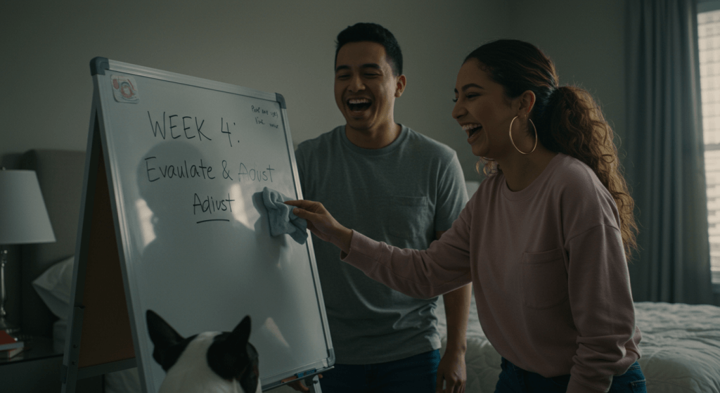 Couple evaluating their 30-day marriage micro-experiment to decide what works.
