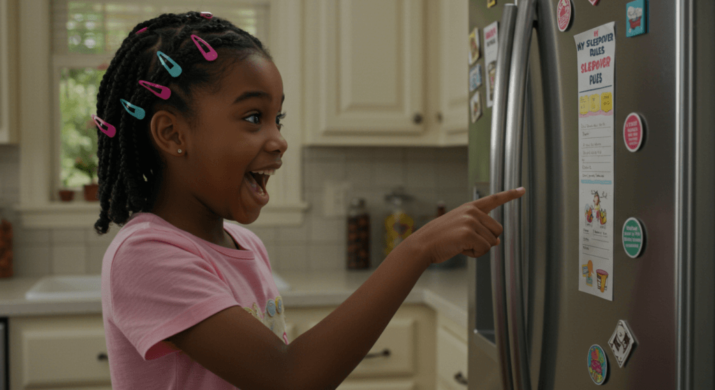 kid reading a fridge magnet list of personal safety and consent rules