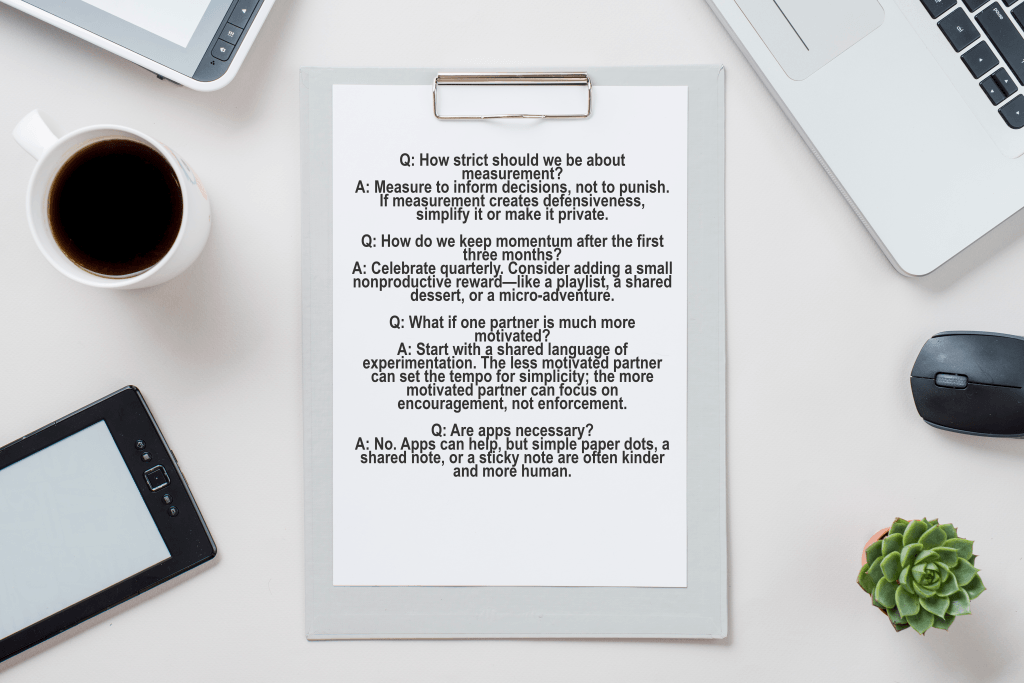 FAQ sheet for marriage habit implementation on bedside table.