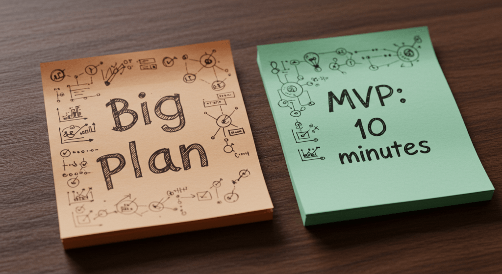 sticky notes showing big plan vs minimum viable practice