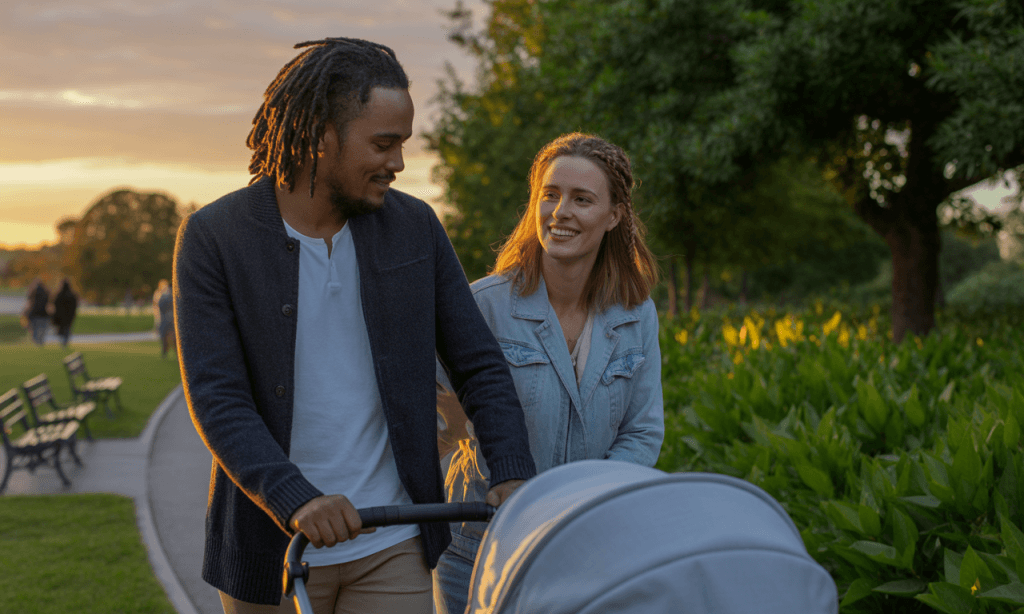 Parents adapting their 10-minute check-in to a short evening walk.
