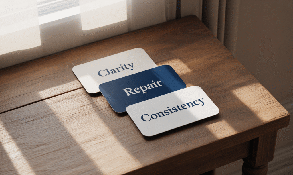 flat-lay of cards labeled clarity repair consistency for grandparent boundary FAQs