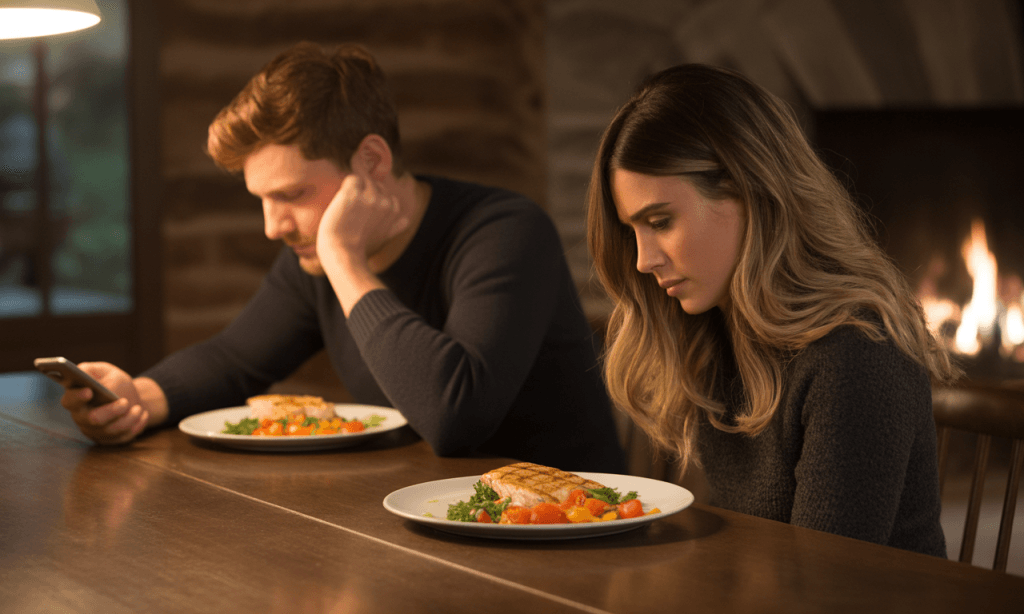Husband distracted by phone while wife stares quietly at her food, symbolizing resignation caused by repeated delays.