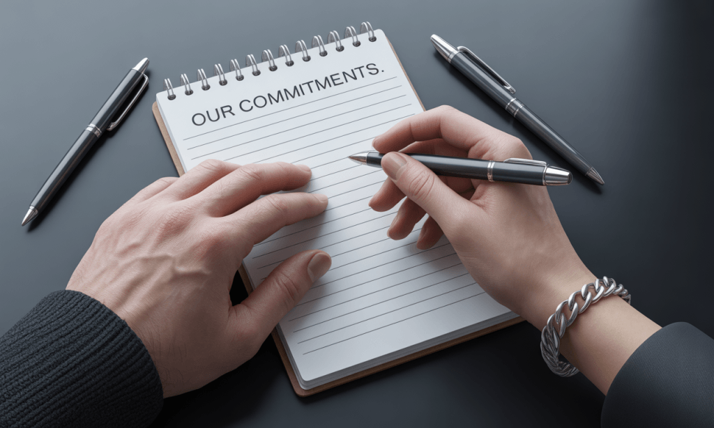 Married couple writing shared commitments together as part of their accountability map.