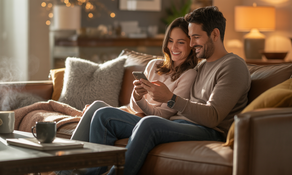 Couple practicing photo rituals that heal by revisiting old photos together.