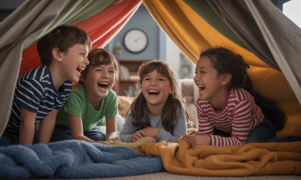children giggling in a living room fort with visible bedtime clock showing healthy routine