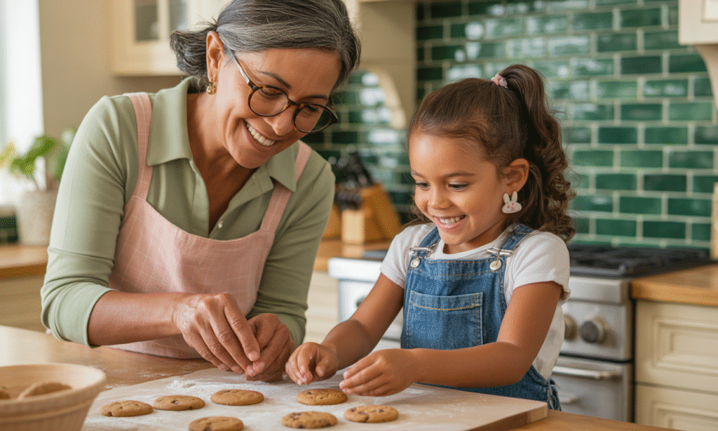 grandparent baking a single plate of cookies with grandchild to symbolize moderation and shared joy