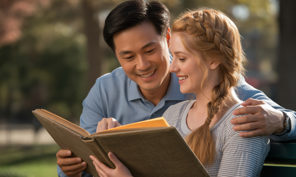 Couple reclaiming joy in marriage by remembering God’s faithfulness together through shared testimony.