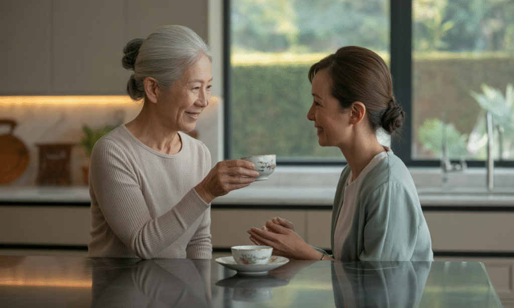parent and grandparent having a private discussion about discipline boundaries calmly in kitchen