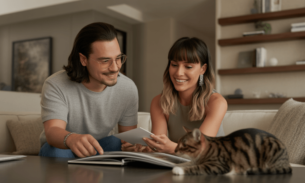 Couple reviewing photos and memories together to build their marriage Memory Bank.