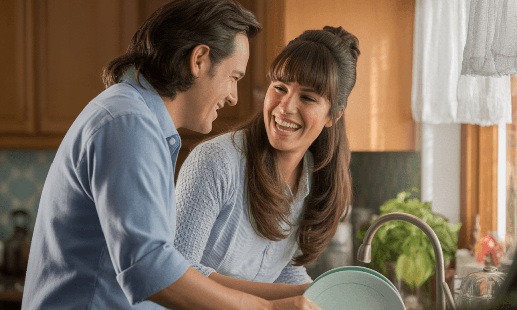 couple laughing during chores showing how small adjustments keep connection alive