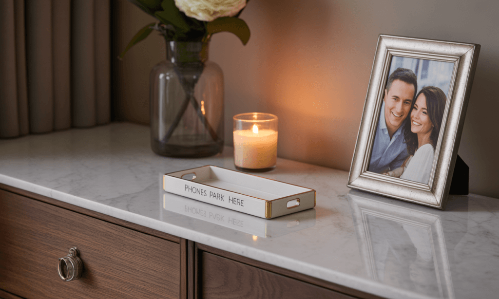 Phone tray and candle cue a tech-free meal and a calm tone for weekly rhythms