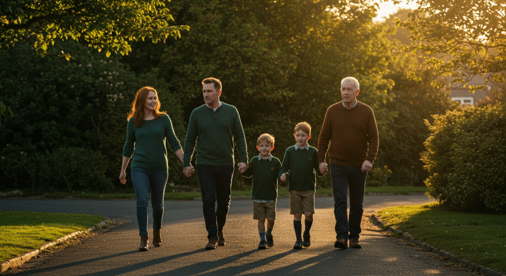 multigenerational family walking together at sunset symbolizing unity under shared boundaries